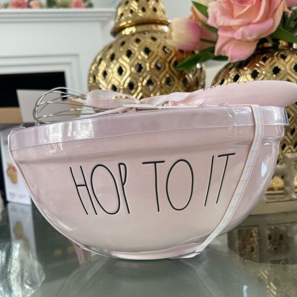 Rae Dunn HOP TO IT Pink Mixing Bowl with matching BEAT IT Whisk Gift Set - Picture 4 of 9